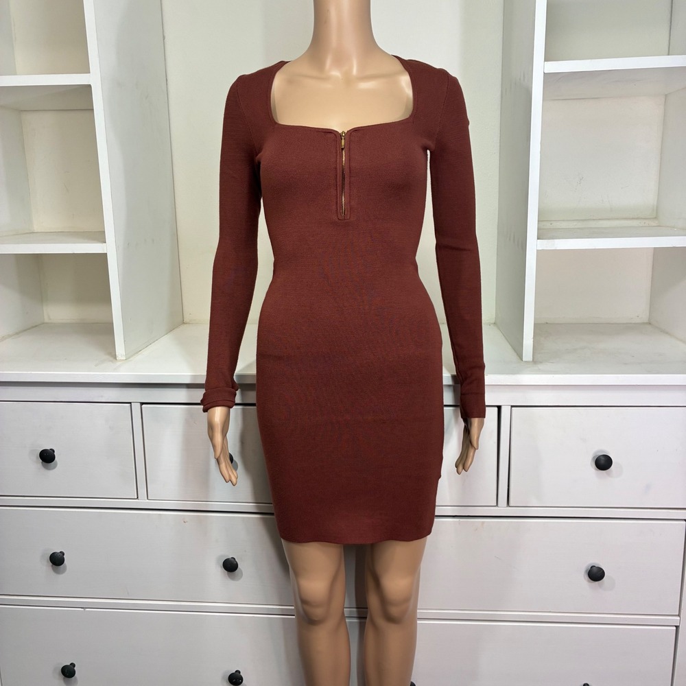 Abercrombie Fitch Ribbed Knit Square Long Sleeve Zipper Dress‎ Burnt Orange XST
